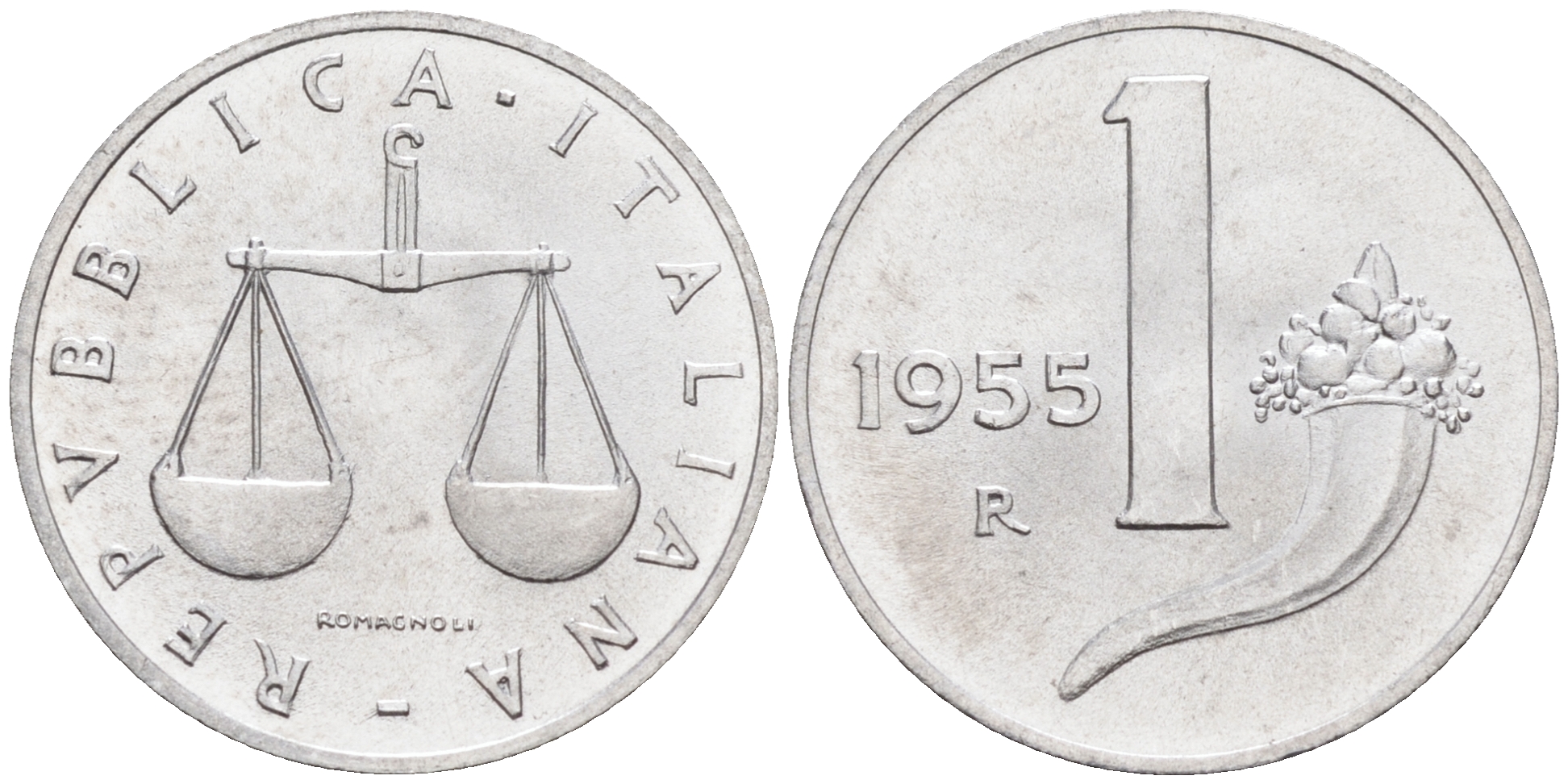 Италия 1 лира 1955 R, весы KM 91 алюминий  UNC  4594-718