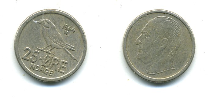 Норвегия 25 эре 1964 Улаф V (1958-1991), синица KM 407 медно-никель 4364-946