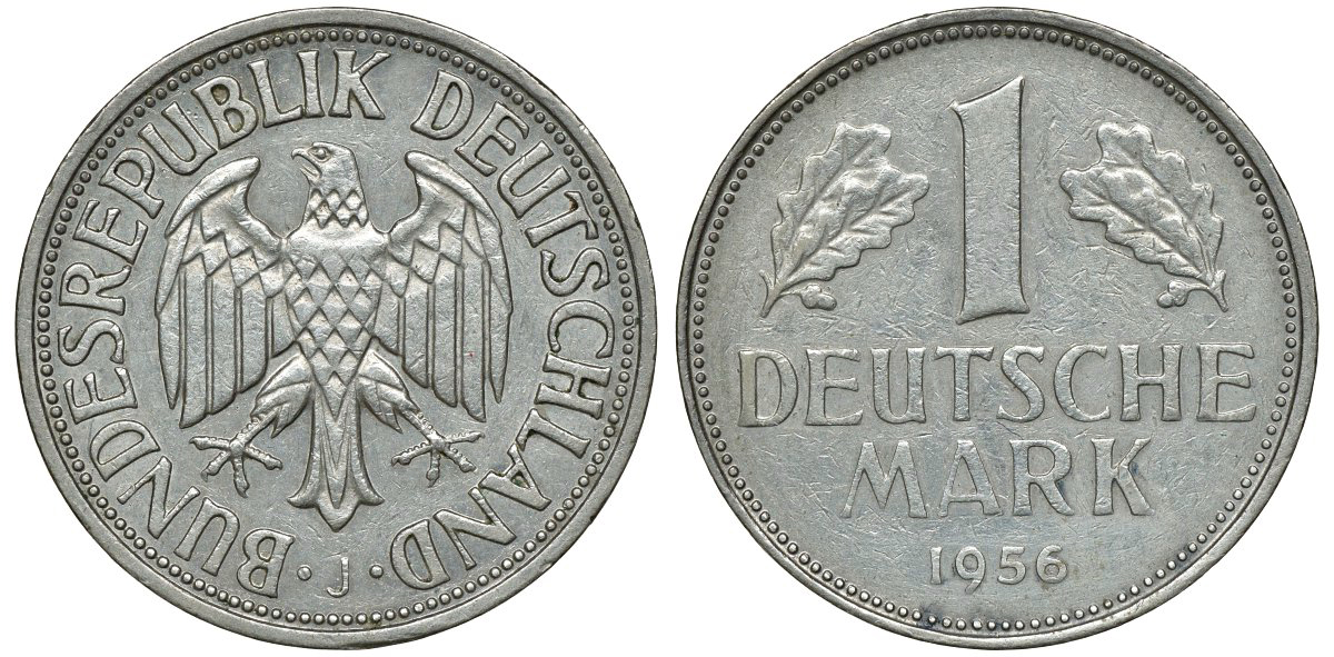 ФРГ 1 МАРКА 1956 J J 385, KM 110 медно-никель 72-637