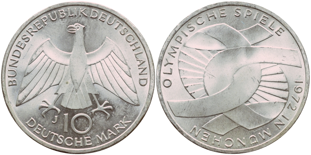 ФРГ 10 марок 1972 J, XX летние Олимпийские игры 1972 года в Мюнхене, символика KM 131, J.402 серебро aUNC 1522-412