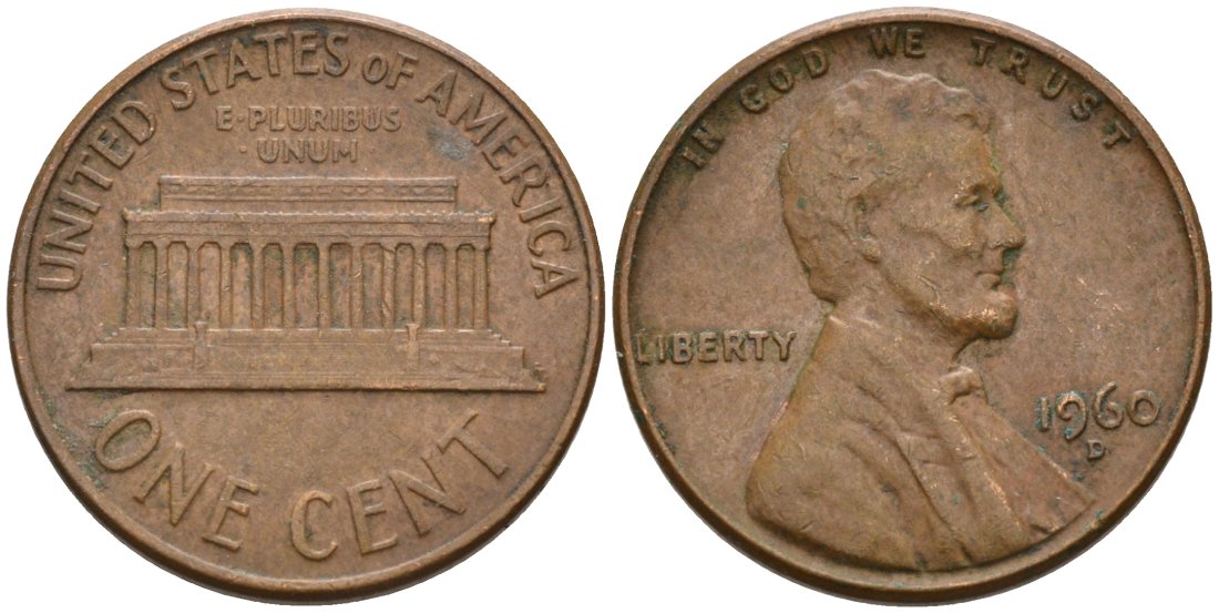 США 1 цент 1960 D, Линкольн KM 201 медь цинк 4564-337