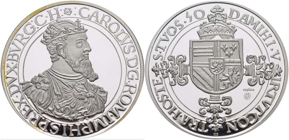 НИДЕРЛАНДЫ МЕДАЛЬ ND КАРЛ ИСПАНСКИЙ, ГЕРЦОГ БУРГУНДСКИЙ, СВЯЩЕННАЯ РИМСКАЯ ИПЕРИЯ, ИСПАНСКИЕ НИДЕРЛАНДЫ КАРОЛУСГУЛЬДЕН 1550, ДИАМЕТР 45 ММ., ВЕС 31,33 ГР. серебро PROOF 01-148-34