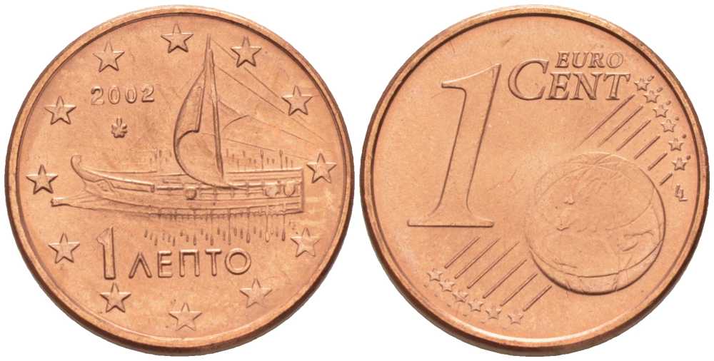 ГРЕЦИЯ 1 ЕВРОЦЕНТ 2002 KM 181 сталь плакированная медью UNC 214-336