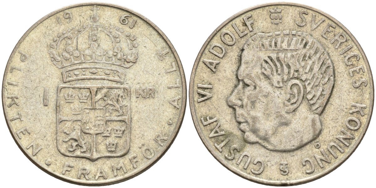 Швеция 1 крона 1961 TS, Густав VI Адольф (1950-1973) KM 826 серебро 4150-121