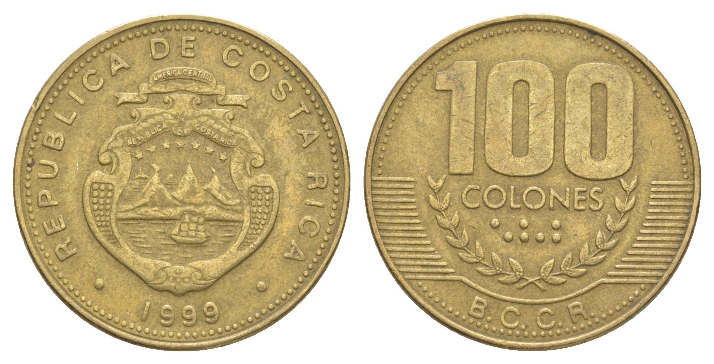 Коста-Рика 100 колонов 1999 KM 230a.1 алюминиевая бронза 4631-431