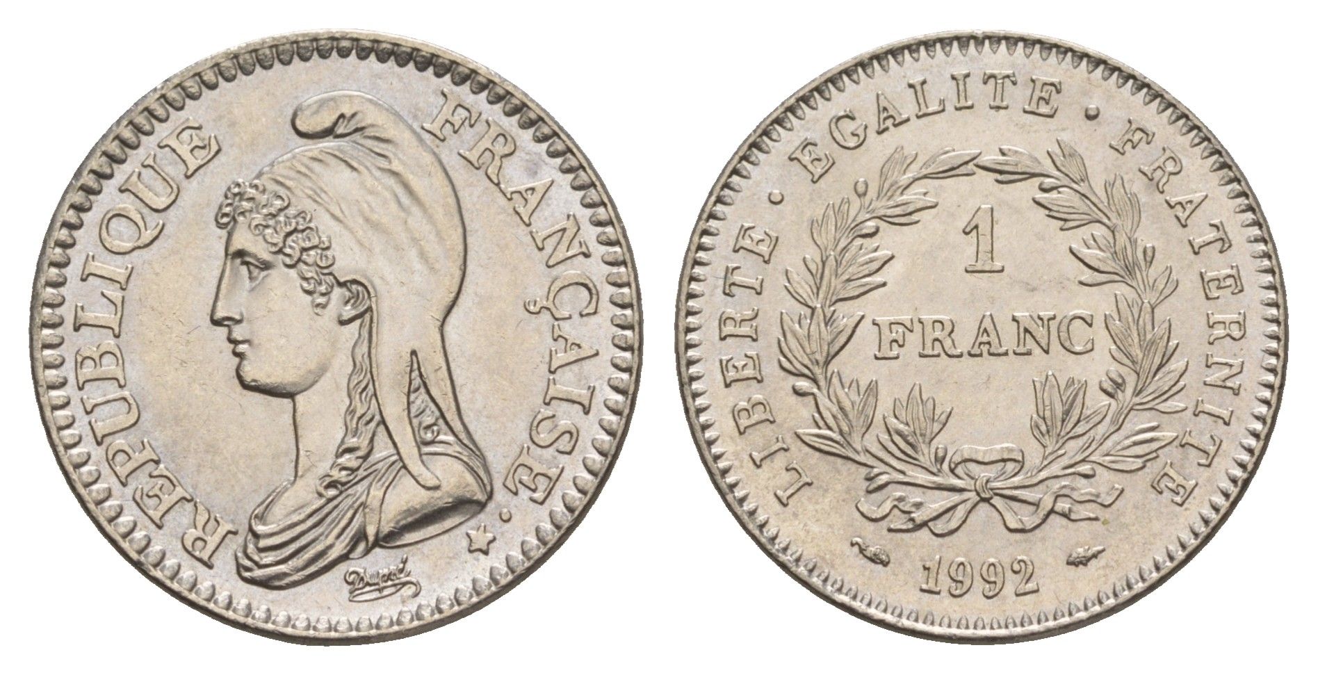 Франция 1 франк 1992 200 лет Французской Республике KM 1004 никель UNC 4660-235