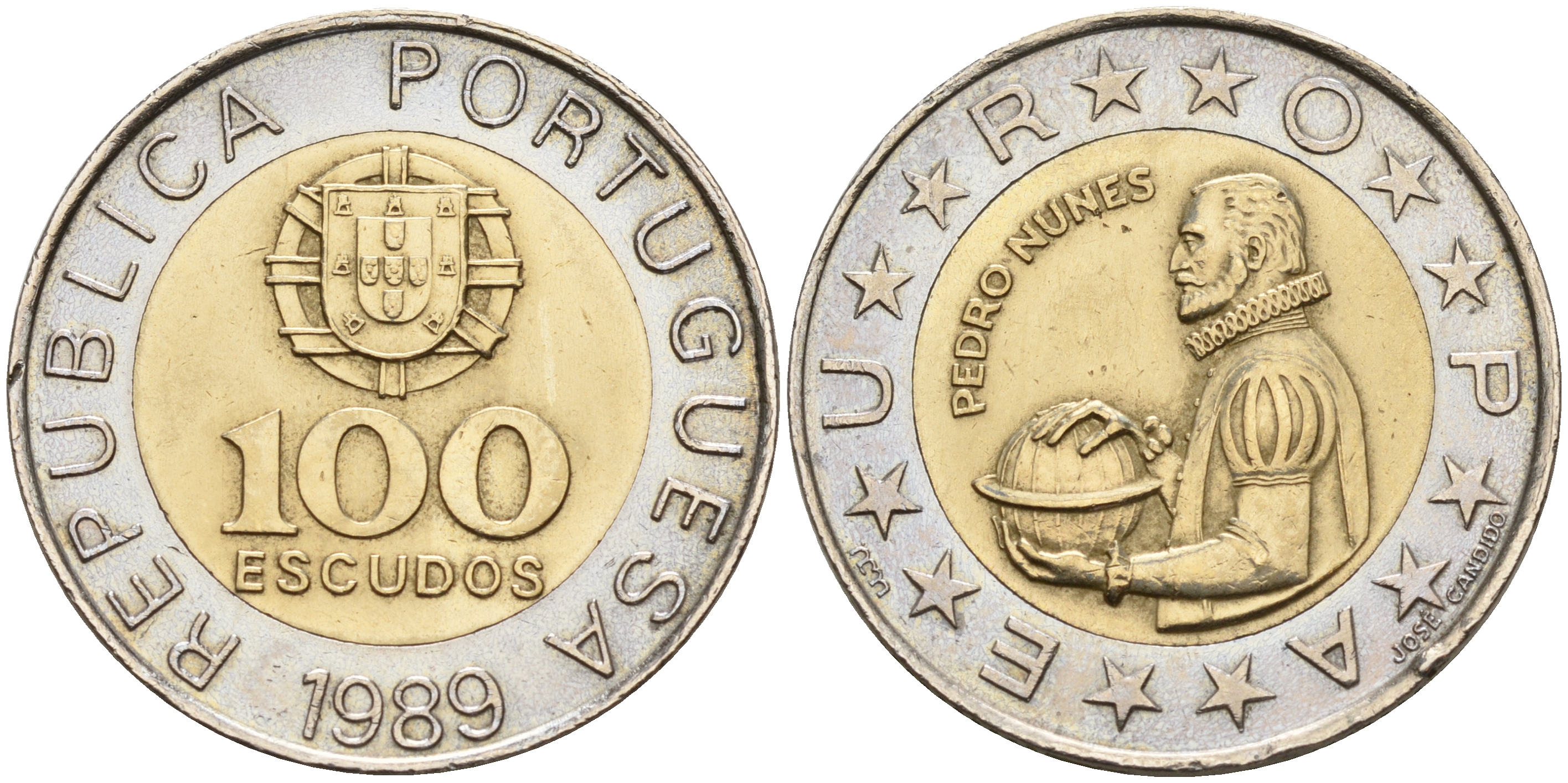 Португалия 100 эскудо 1989 Педру Нуниш (1502-1578), математик KM 645.1 биметалл  UNC  4161-855