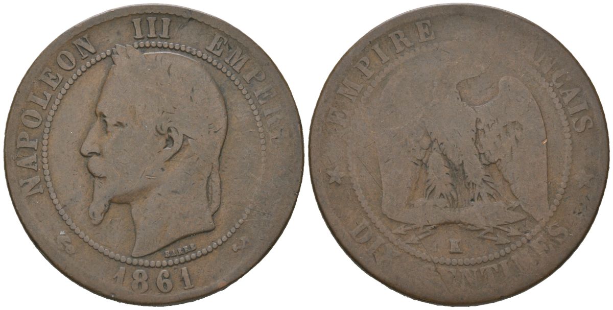 Франция 10 сантимов 1861 K, Наполеон III (1852-1870) KM 798.1 бронза 4590-1011