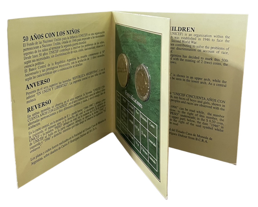 Аргентина набор из 2 монет 1996 50 лет UNICEF (1946-1996), в оригинальном блистере KM 119, 120 биметалл  UNC  3-6-6-29