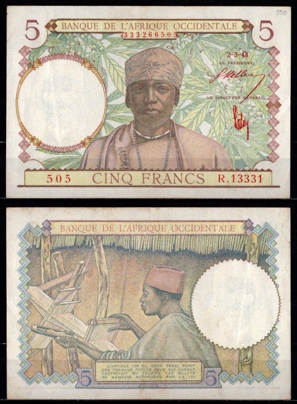 Французская Западная Африка 5 франков 1943 мужчина в традиционном наряде и станок для шелка Pick 26 бумага 00-00