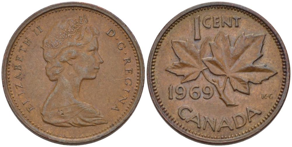 Канада 1 цент 1969 Елизавета II (1952-2022), кленовый лист KM 59.1 бронза 261-1619