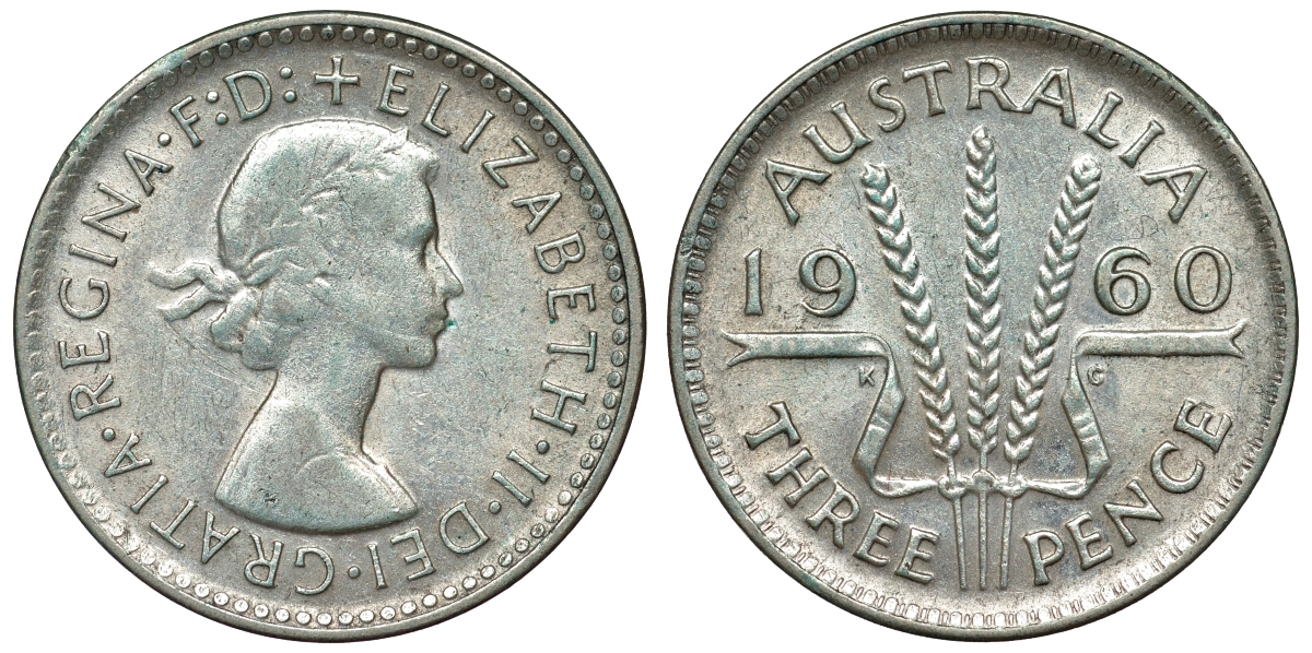 Австралия 3 пенса 1960 m, Елизавета II (1952-2022) KM 57 серебро 71-642