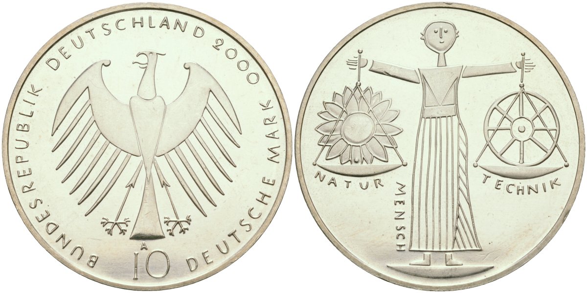 ФРГ 10 марок 2000 A, Всемирная выставка Expo 2000 в Ганновере KM 199 серебро UNC 04-137-13