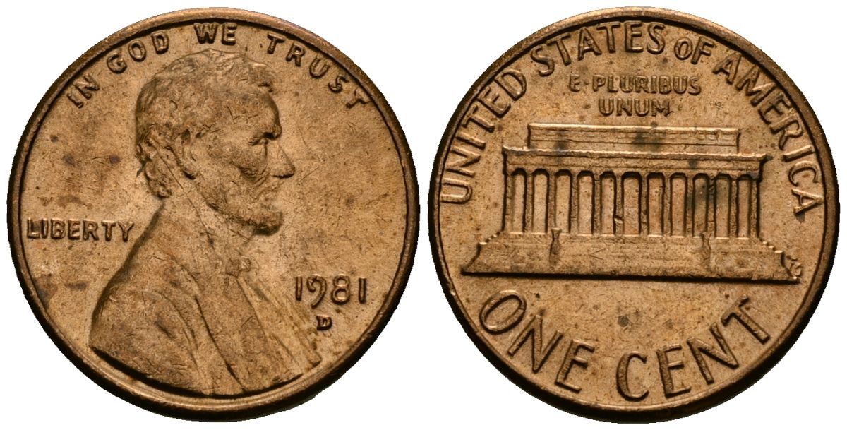 США 1 цент 1981 D, Линкольн KM 201 медь цинк 4136-214