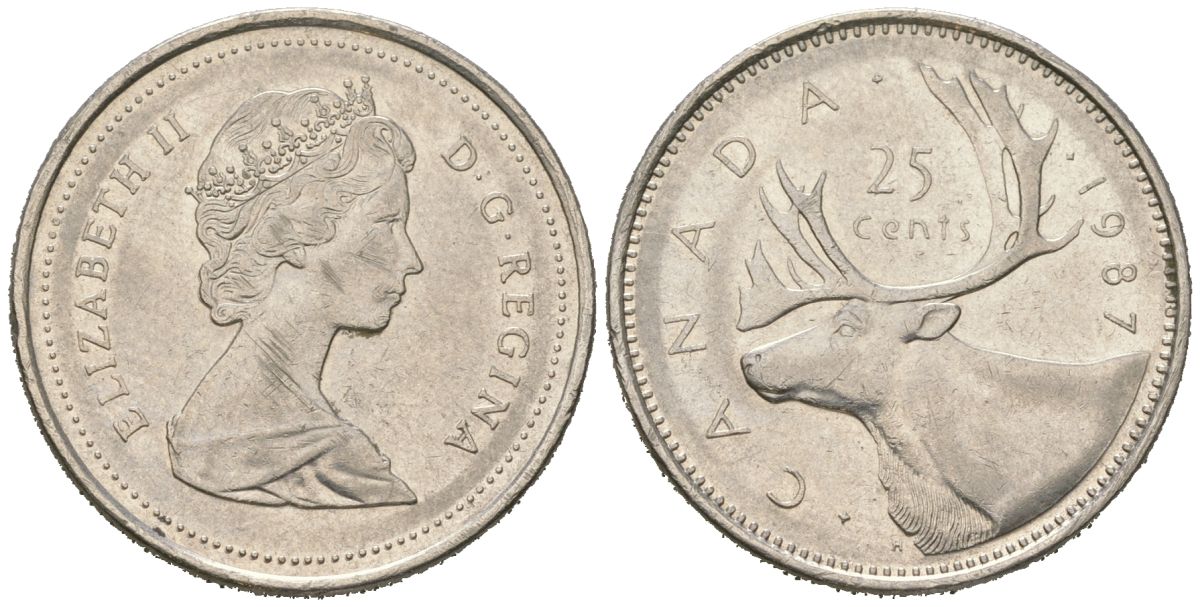 Канада 25 центов 1987 Елизавета II (1952-2022), олень KM 74 никель 4382-1214