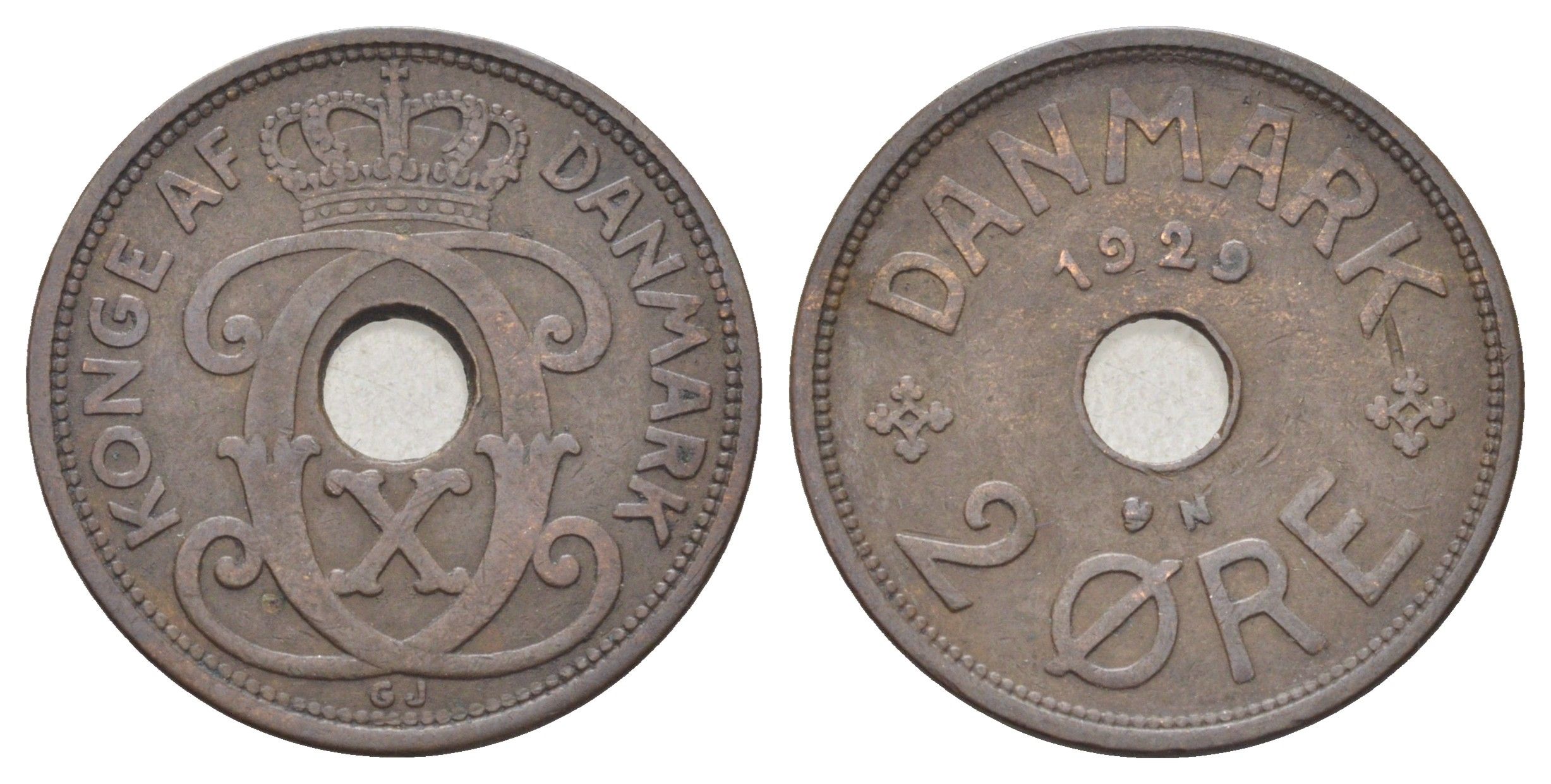 Дания 2 эре 1929 N, Кристиан X (1912-1947) KM 827 бронза 4701-731