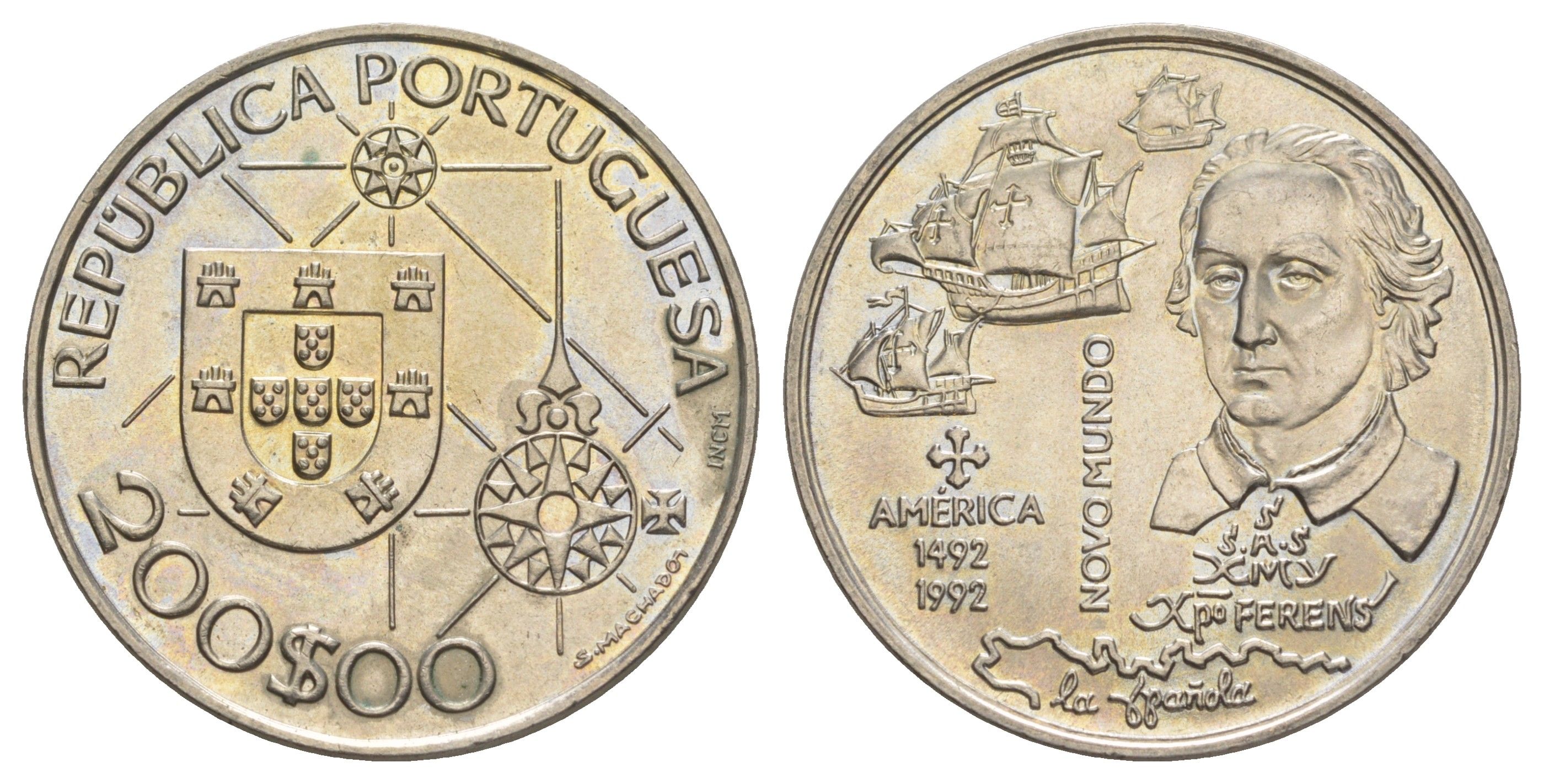 Португалия 200 эскудо 1992 Новый мир - Америка KM 660 медно-никель UNC 1101-5-52