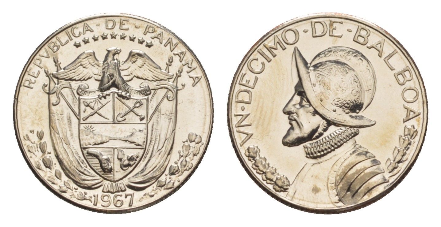 Панама 1/10 бальбоа (10 сентесимо) 1967 тираж 12.701 экземпляров KM 10 медь плакированная медно-никелем PROOF 1522-113