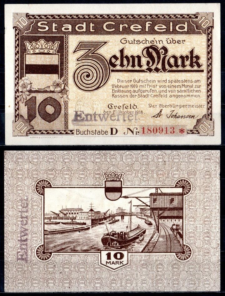 Крефельд (Пруссия, Рейн) 10 марок 1918 Geiger 086.10b бумага UNC (пресс) 7555-57-3-2