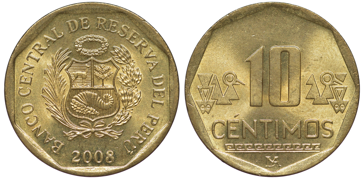 Перу 10 сентимо 2008 KM 305.4 латунь aUNC 4605-612