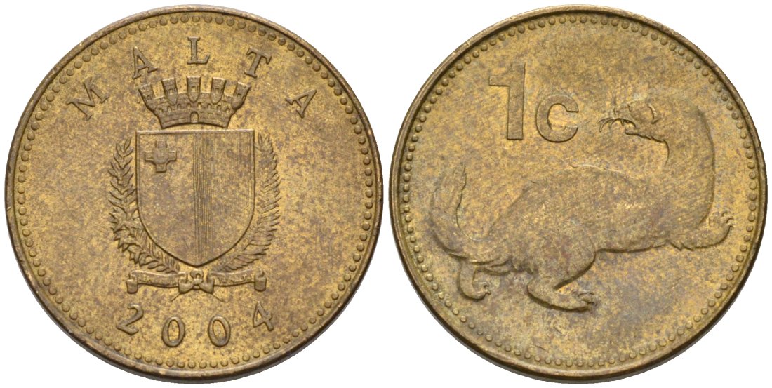 Мальта 1 цент 2004 ласка, горностай KM 93 никель латунь 4567-631