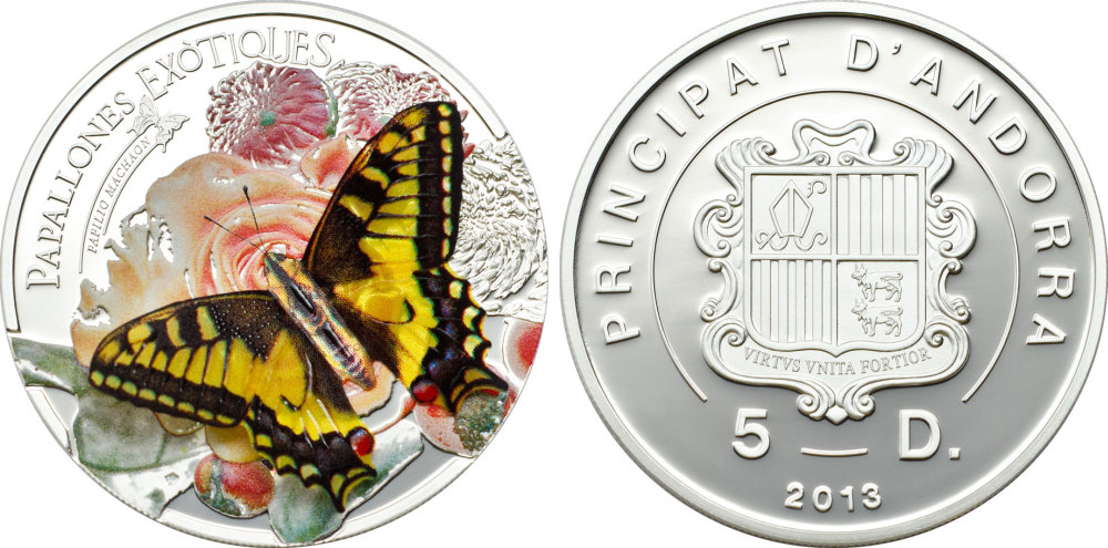 Андорра 5 динеров 2013 бабочка, махаон, 3D KM NEW серебро PROOF 00-00