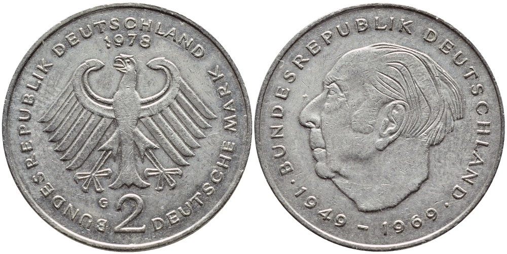 ФРГ 2 марки 1978 G, Теодор Хойс KM 127, J. 407 медно-никель плакированный никелем 85-1117