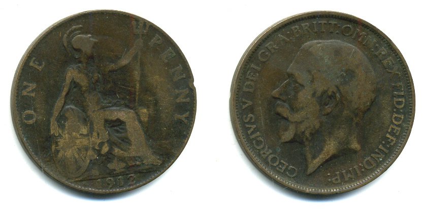 Великобритания 1 пенни 1912 Георг V (1910-1936) KM 810, Spink 4051 бронза 47-836