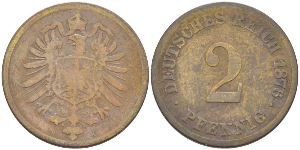 ГЕРМАНИЯ 2 ПФЕННИГА 1876 H, СТАРОГЕРБОВКА KM 2, J. 2, Weege 3 медь 212-656