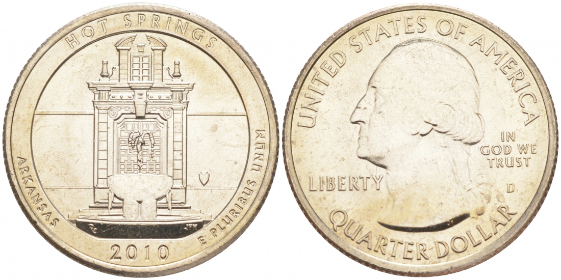 США 25 ЦЕНТОВ = КВОТЕР 2010 D, СЕРИЯ ШТАТЫ США - ХОТ-СПРИНГС KM 469 медь плакированная медно-никелем UNC M31-3
