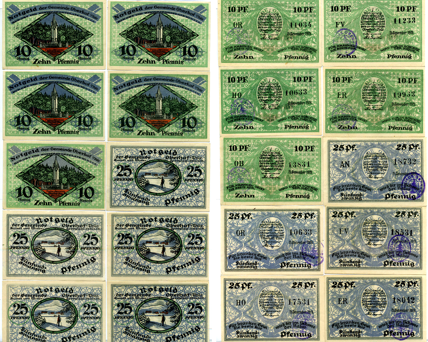 ОБЕРХОФ 17 БАНКНОТ 1919 15 ДЕКАБРЯ 1919, НОТГЕЛЬД, ЗЕМЛЯ ТЮРИНГИЯ, 10 ПФЕННИГОВ СЕРИИ OB, ER, HO, FV, OR, 25 ПФЕННИГОВ СЕРИИ OB, ER, HO, FV, OR, AN, 50 ПФЕННИГОВ СЕРИИ OB, ER, HO, FV, OR, AN, С ФИОЛЕТОВОЙ ПЕЧАТЬЮ Grabowski 996.1a бумага 2193-5-4-1