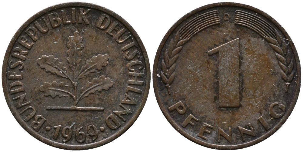 ФРГ 1 пфенниг 1969 D KM 105, J.380 сталь плакированная медью 99-269