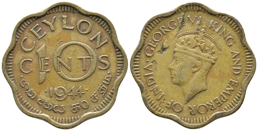 ЦЕЙЛОН 10 ЦЕНТОВ 1944 ГЕОРГ VI KM 118 никель латунь 34-821