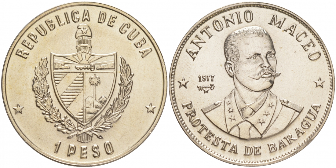 Куба 1 песо 1977 Антонио Масео (1845-1896) KM 189 медно-никель UNC 1526-144 M35-2