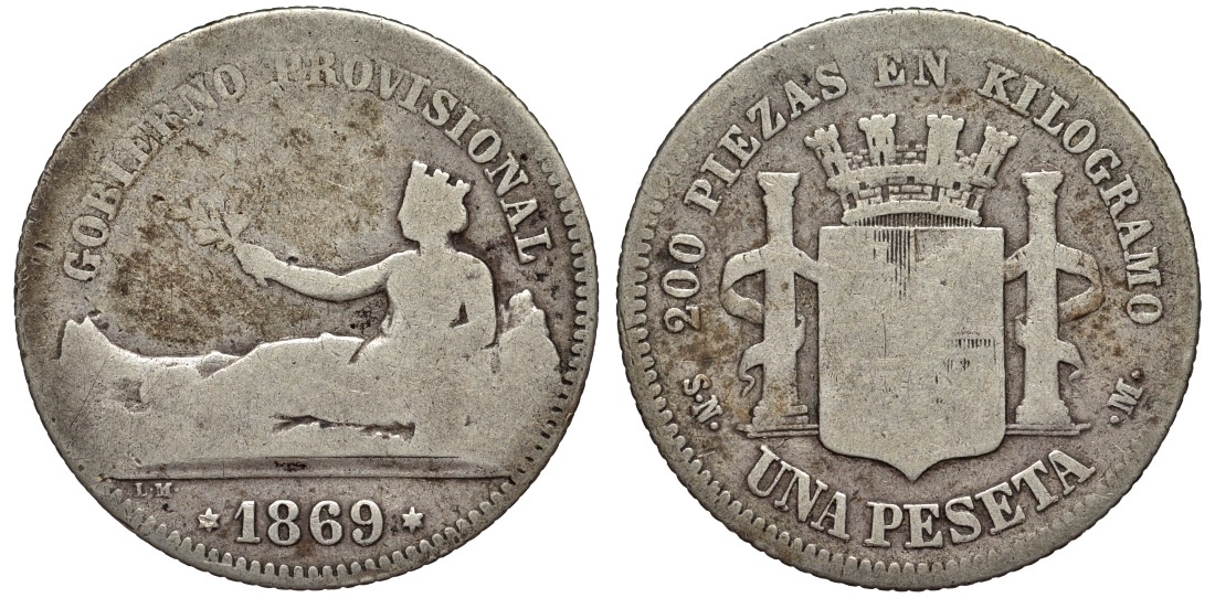 Испания 1 песета 1869 (69) SN-M KM 652 (Y-A55) серебро 1527-1311
