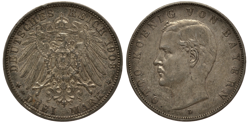 Бавария 3 марки 1908 Отто (1886-1913) Weege 45, J. 47, KM 515 серебро 3711-1842