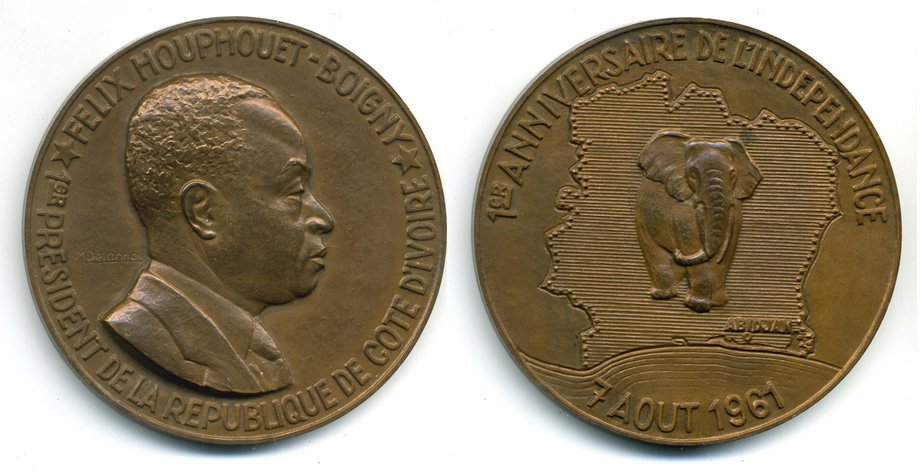 БЕРЕГ СЛОНОВОЙ КОСТИ МЕДАЛЬ 1961 1 АЯ ГОДОВЩИНА НЕЗАВИСИМОСТИ, СЛОН, бронза SH2-17