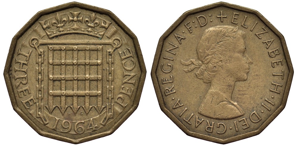 Великобритания 3 пенса 1964 Елизавета II (1952-2022) KM 900, Spink 4153 никель латунь 4538-1131