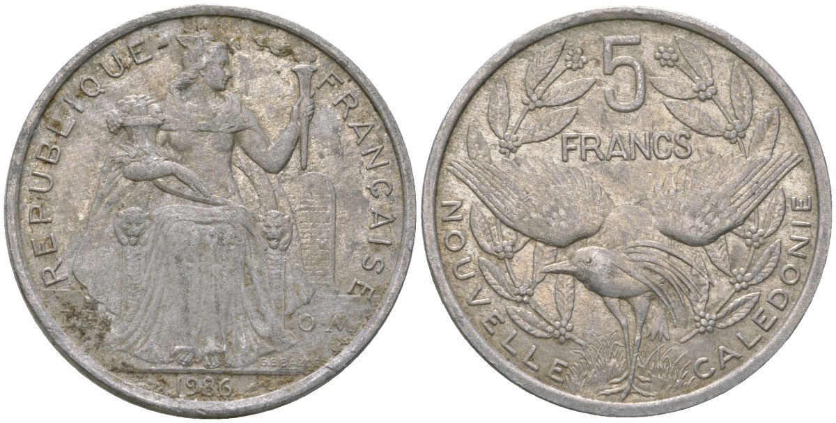 Французская Новая Каледония 5 франков 1986 птица кагу, (IEOM) KM 16, Schoen 12, Lec 76 алюминий 180-614