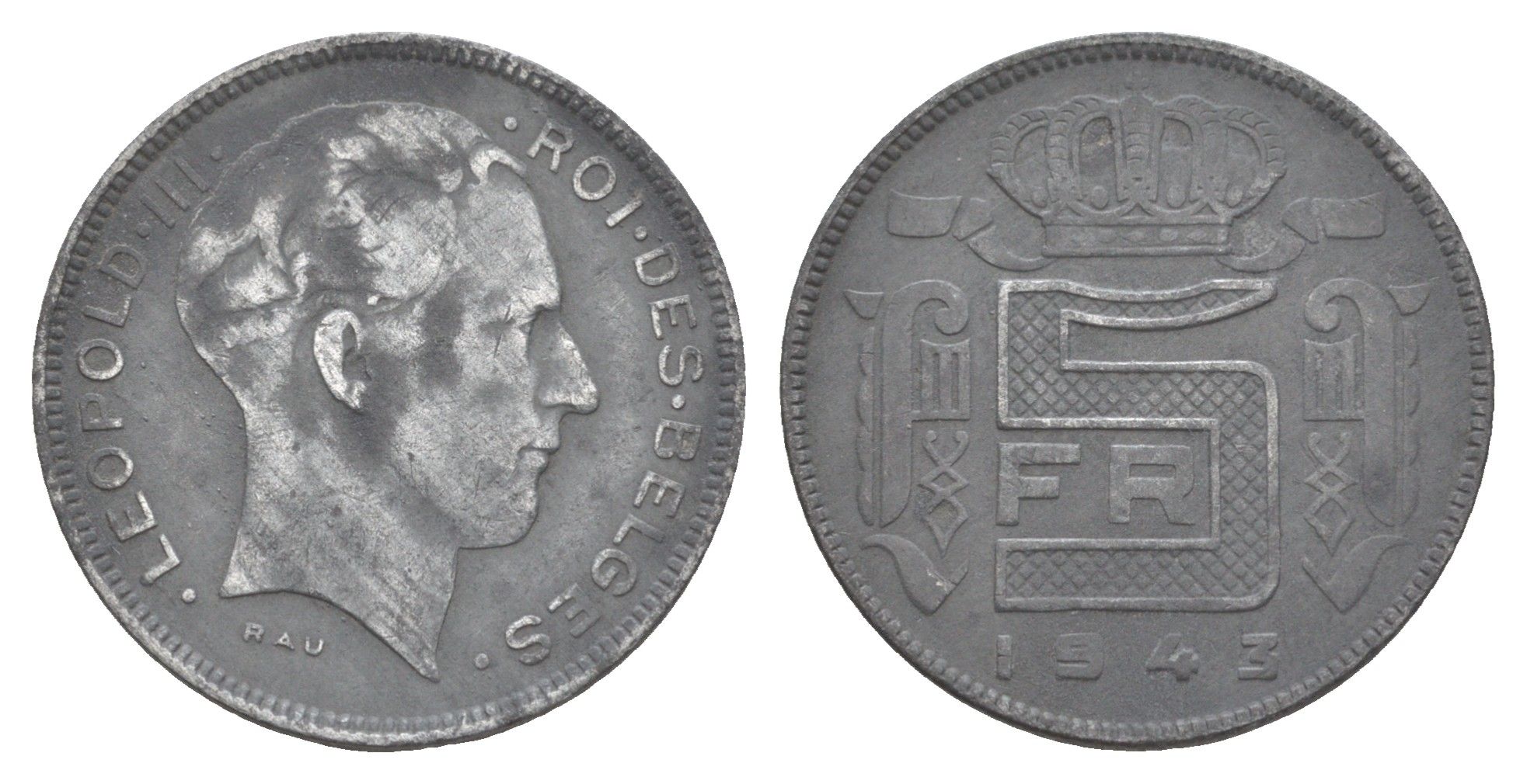 Бельгия 5 франков 1943 Belges, Леопольд III (1934-1951) KM 129 цинк 4539-111