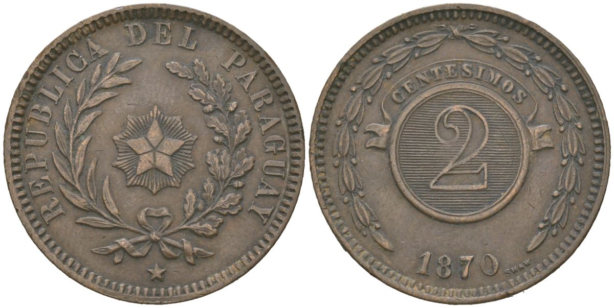 Парагвай 2 сентесимо 1870 SHAW KM 3 медь 221-932