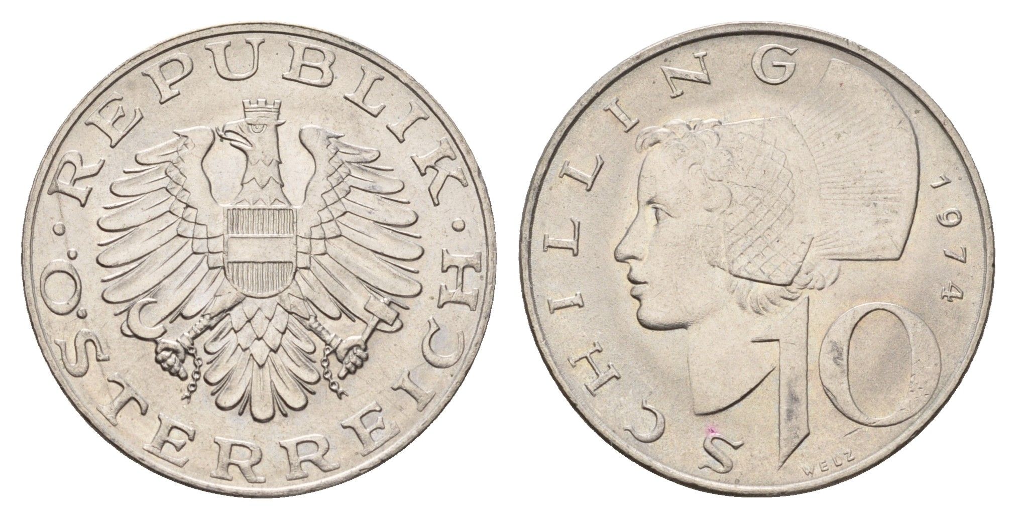 Австрия 10 шиллингов 1974 KM 2918 медно-никель UNC 4671-651