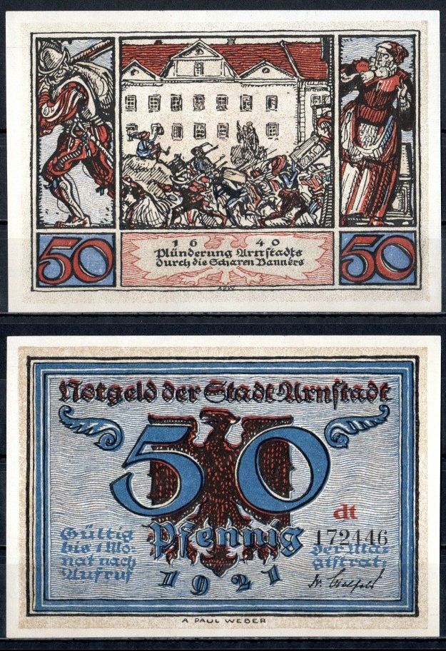 Арнштадт (Тюрингия) 50 пфеннигов 1921 Mehl Grabowski 43.3a-6/6 бумага UNC (пресс) 7556-18-3-2