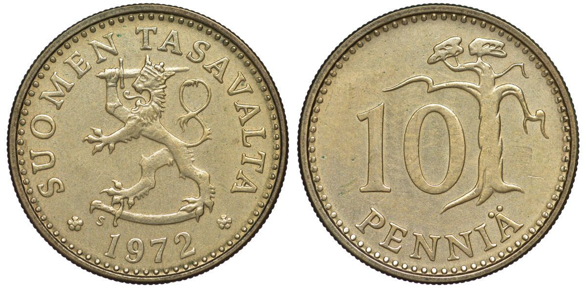 ФИНЛЯНДИЯ 10 ПЕННИ 1972 S KM 46 алюминиевая бронза 3334-1128