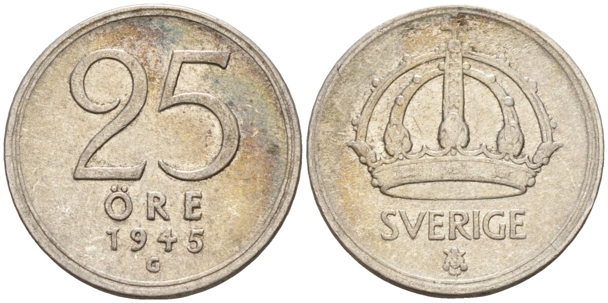 Швеция 25 эре 1945 TS, Густав V (1907-1950) KM 816 серебро 4147-965