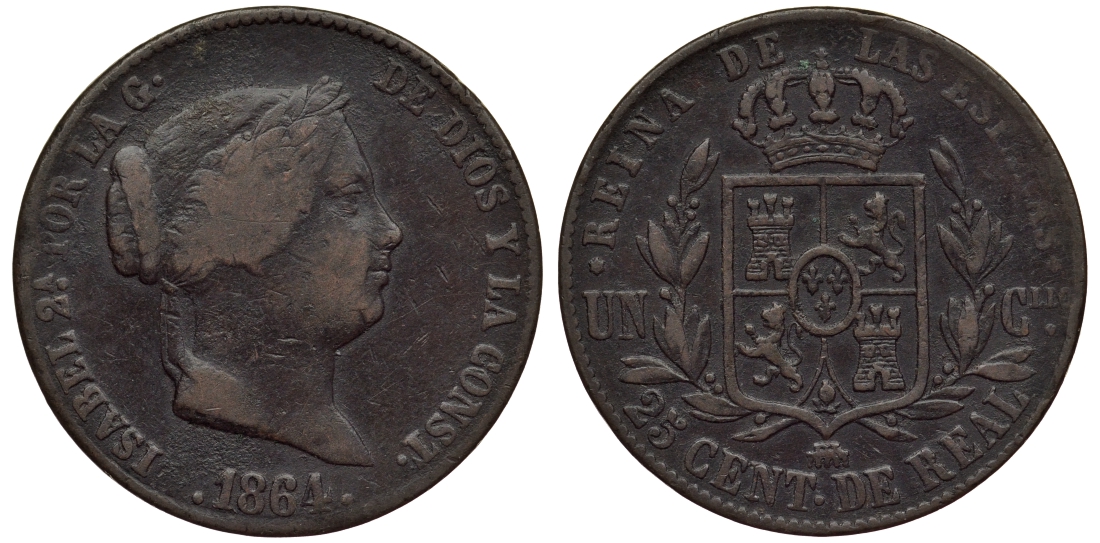 Испания 25 сетимо 1964 Изабелла II (1833-1868) KM 615.2 медь 1521-1633