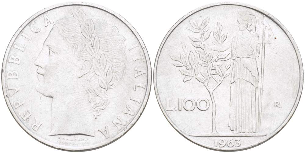 ИТАЛИЯ 100 ЛИР 1963 R, АФИНА, ДИАМЕТР 28 ММ. KM 96.1 нержавеющая сталь 4521-1046