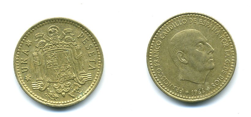 ИСПАНИЯ 1 ПЕСЕТА 1966 (73) ФРАНСИСКО ФРАНКО ДИКТАТОР ИСПАНИИ (1939-1975) КМ 796 алюминиевая бронза 54-331