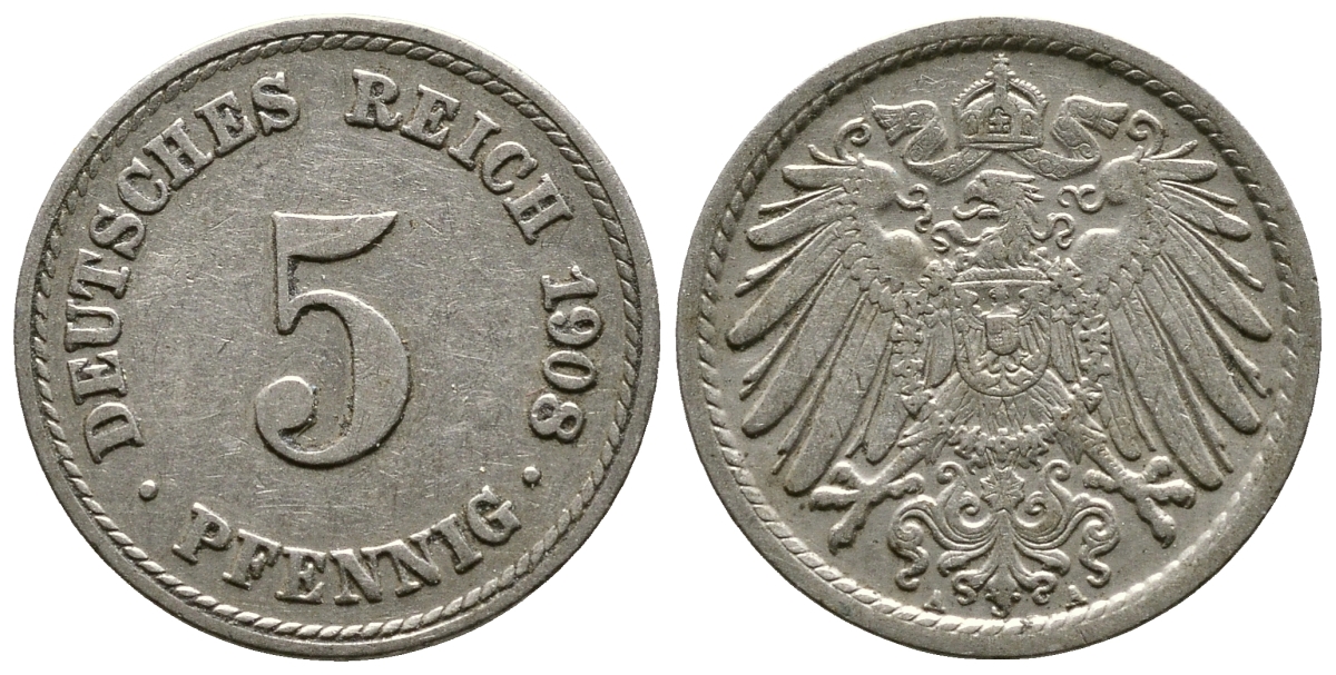 Германия 5 пфеннигов 1908 A KM 11, Jager 12, Weege 6 медно-никель 4364-3057