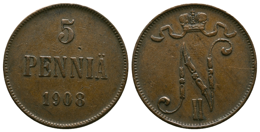 Россия для Финляндии 5 пенни 1908 Николай II (1894-1917) KM 15, Биткин 449 медь 4382-832
